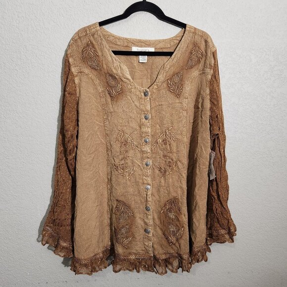 Roaman's Blouse Womens 22W Brown Embroidered Beaded Ruffle Hem Bell Sleeve Boho - Picture 1 of 15